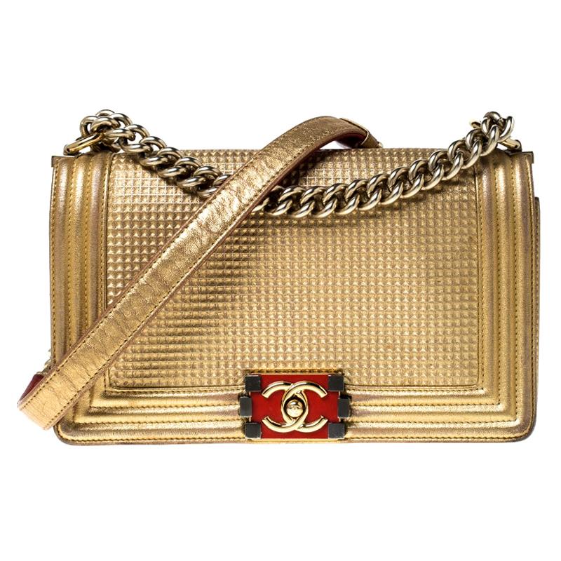 Chanel Gold Cube Embossed Leather Medium Boy Flap Bag