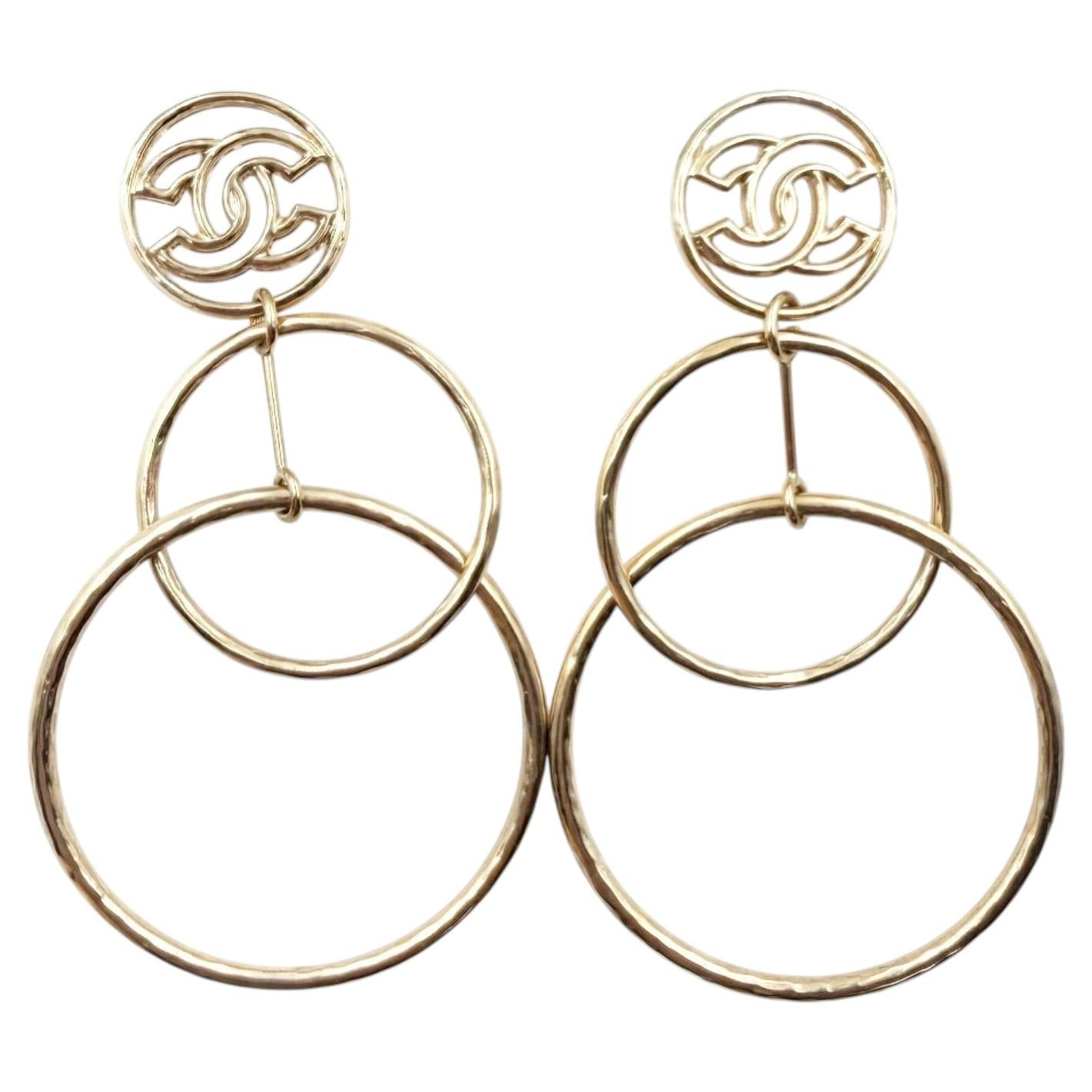Chanel Gold Cutout cc 2 Large Ring Drop Piercing Earrings