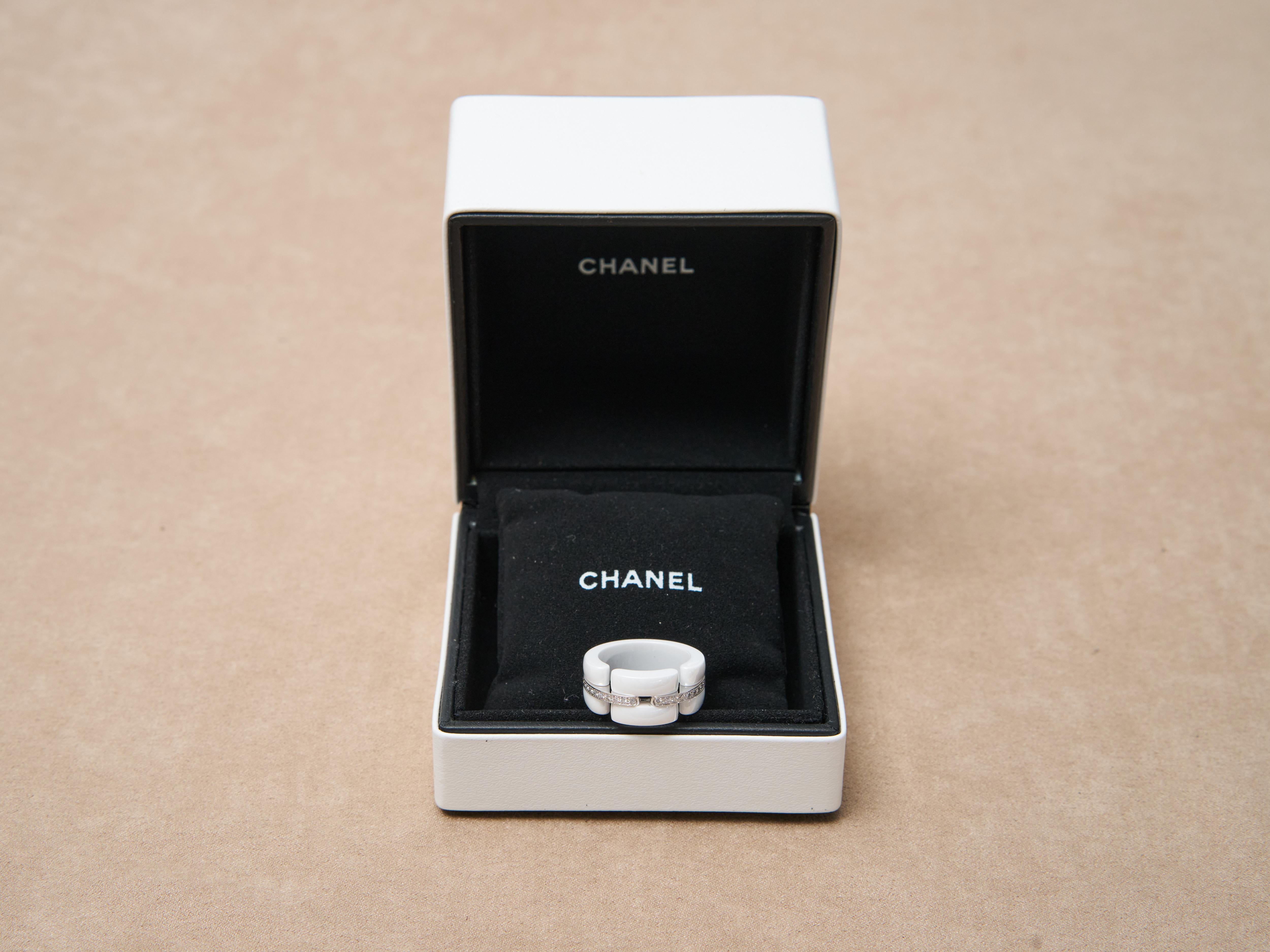 Chanel Gold Diamantring Ultra Weiß Keramik 18k Weißgold Breites Band EU 53 im Angebot 2