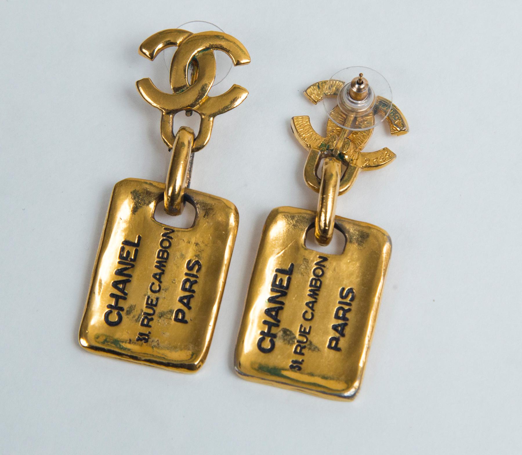 Chanel Gold Dog Tag Earrings, Stamped with 2344 