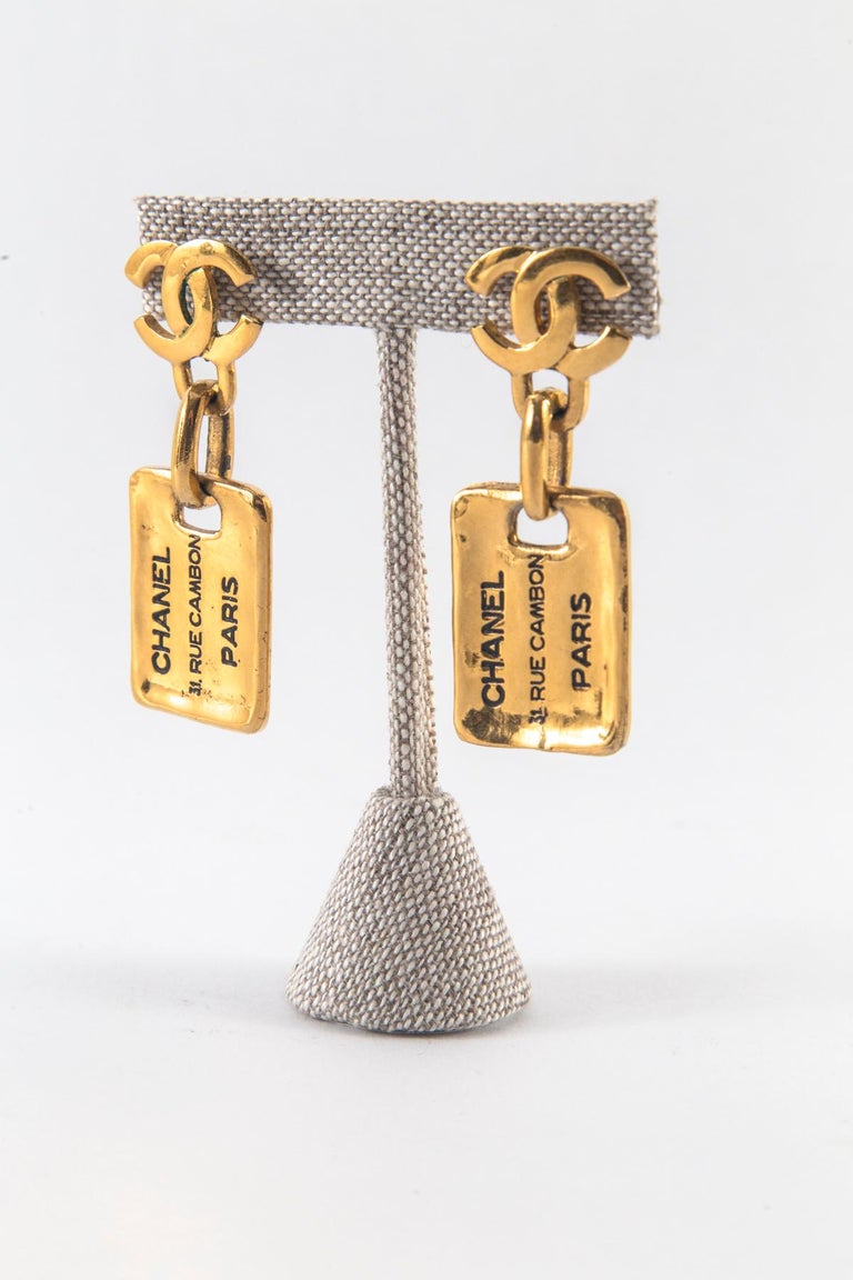 Chanel Gold Dog Tag Earrings at 1stDibs