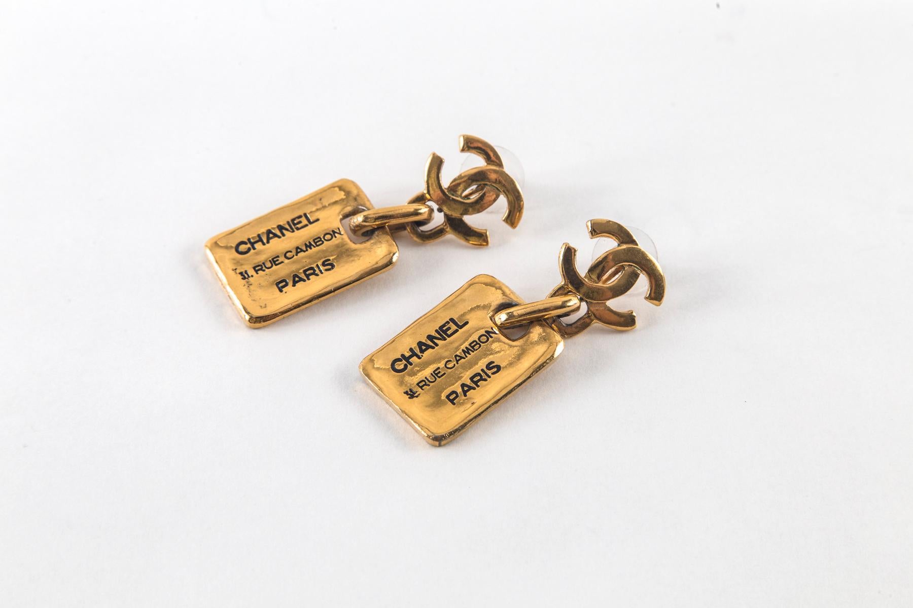 Chanel Gold Dog Tag Earrings In Good Condition In Westport, CT