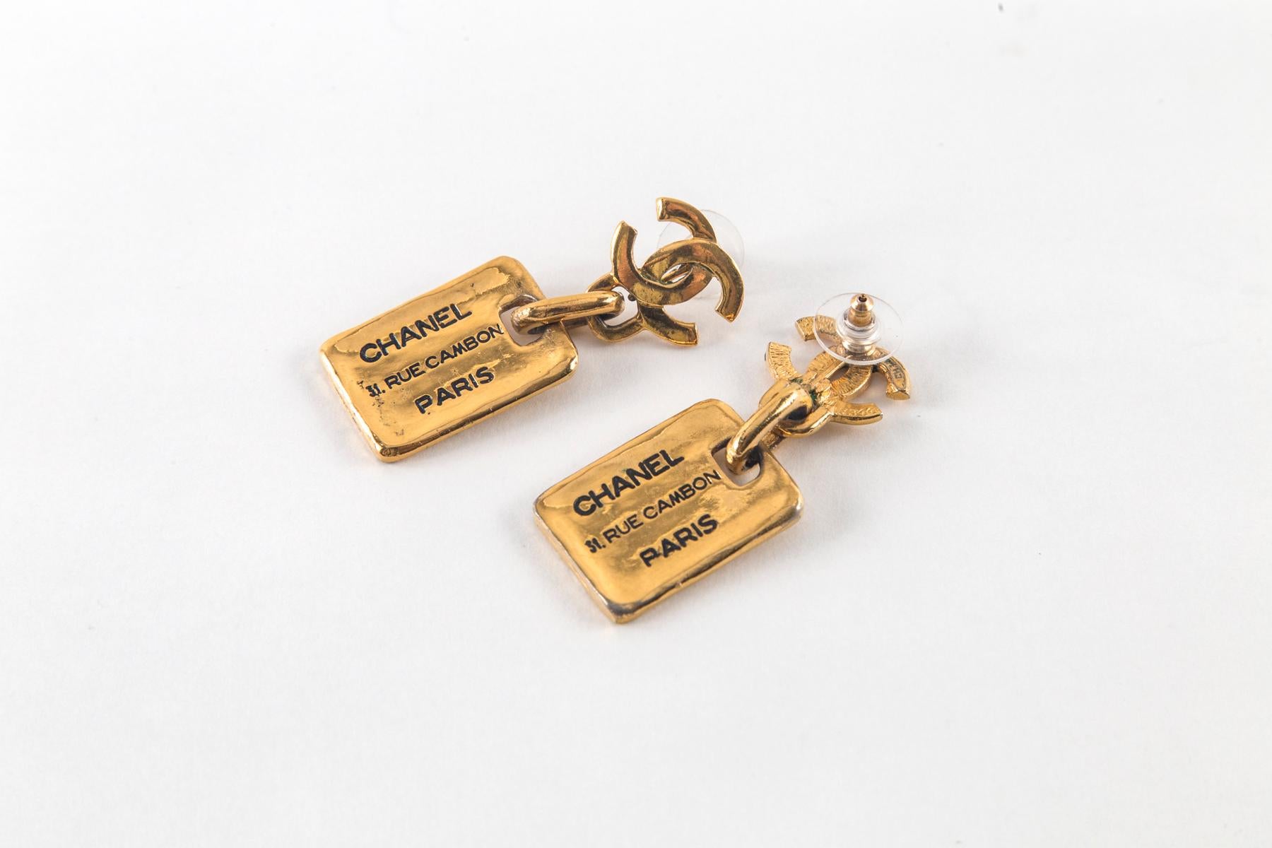 Women's or Men's Chanel Gold Dog Tag Earrings