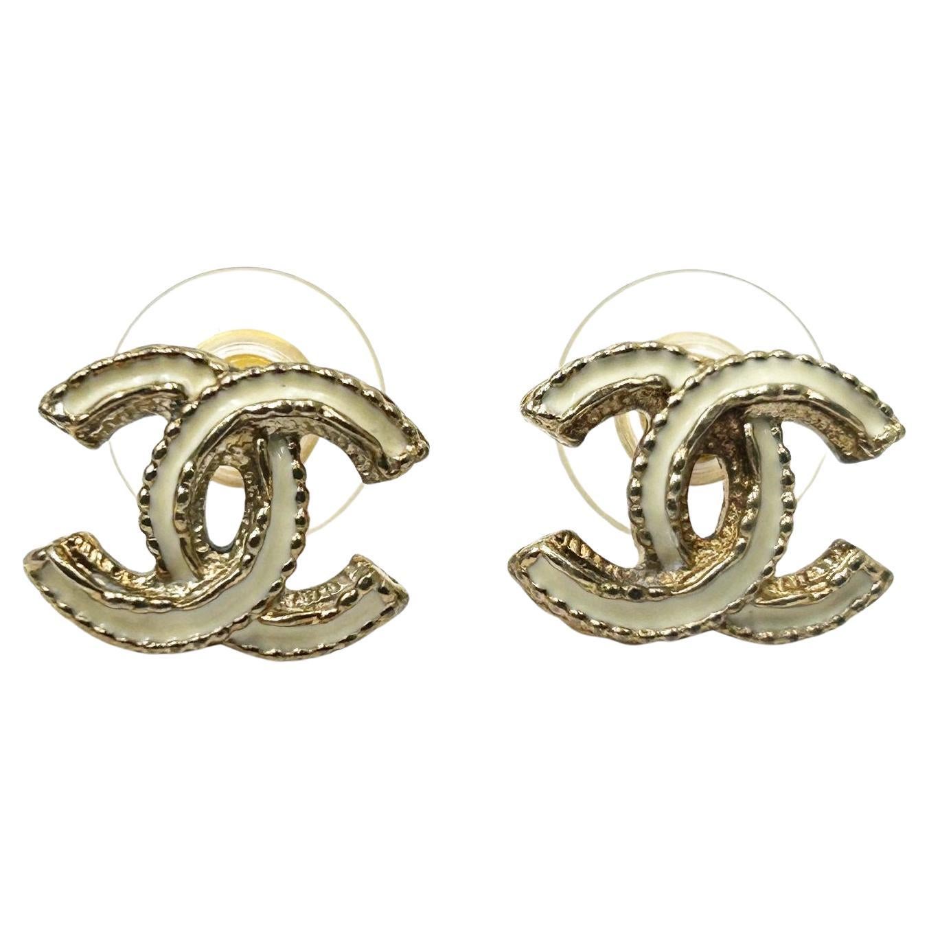 Chanel Gold Dot White Enamel CC Piercing Earrings