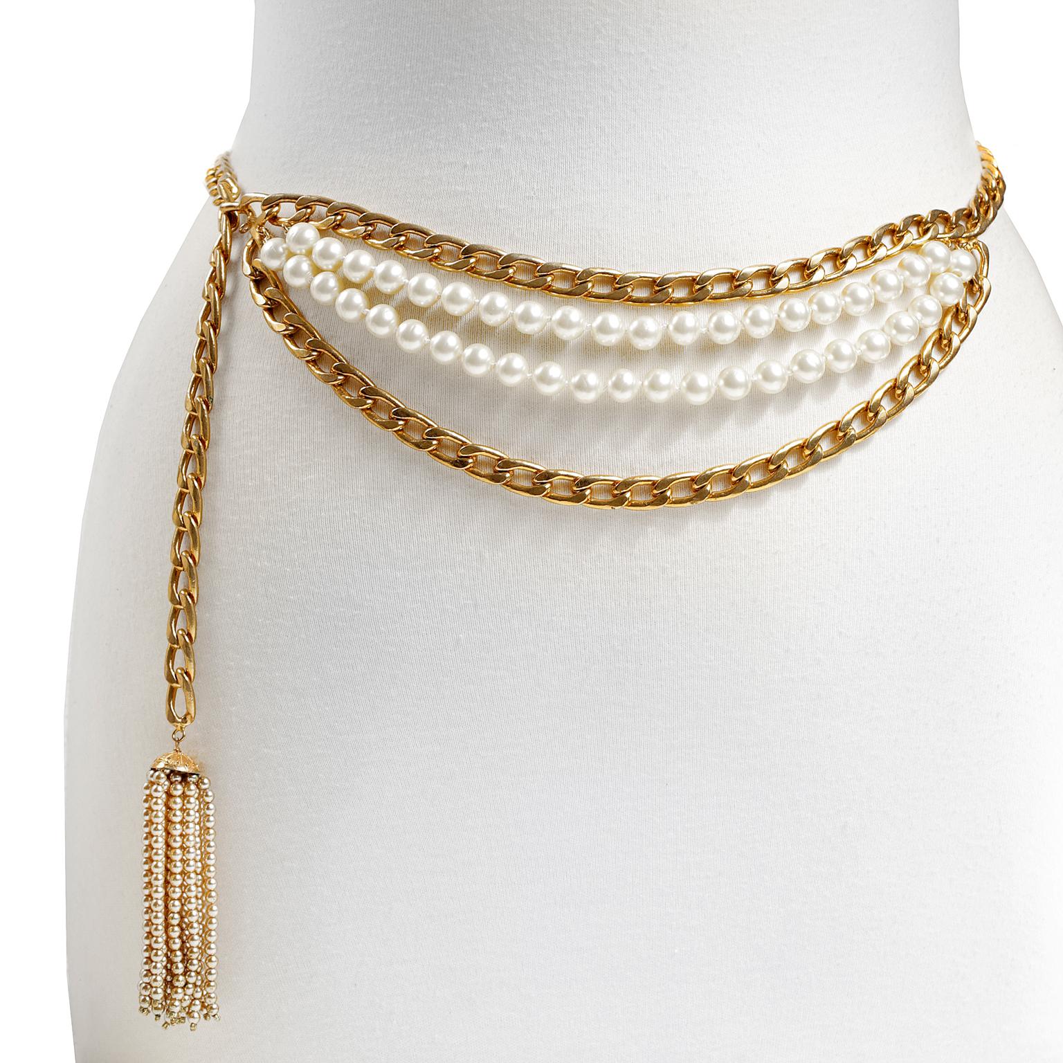 Chanel Gold Double Chain and Pearl Tassel Belt Necklace For Sale at ...