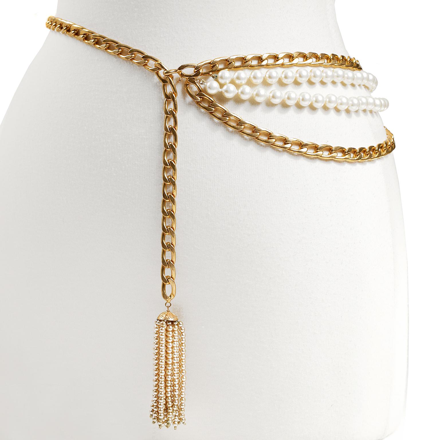 Chanel Gold Double Chain and Pearl Tassel Belt Necklace In Good Condition For Sale In Palm Beach, FL
