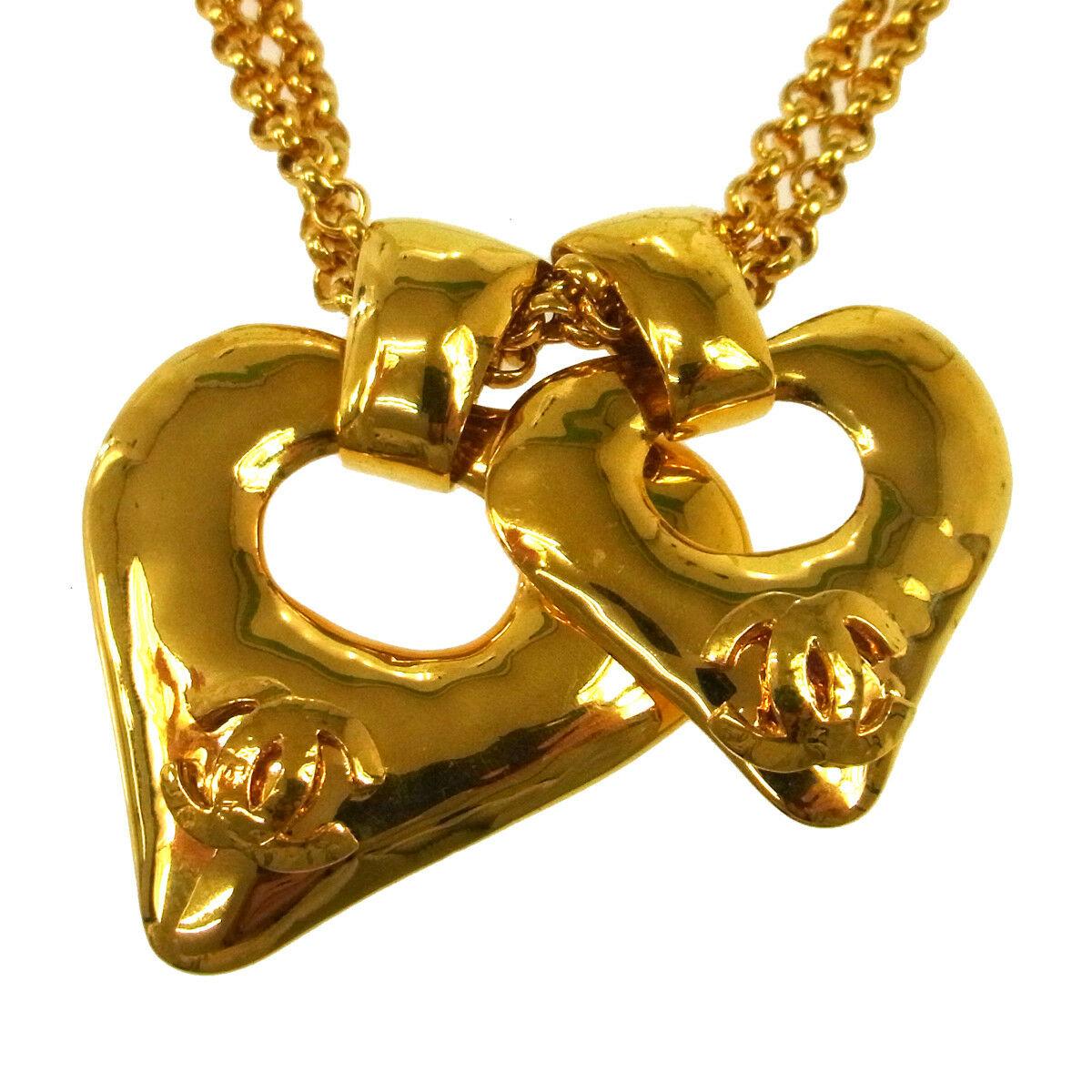 Chanel Gold Double Heart Charm Logo Evening Drop Link Chain Necklace In Excellent Condition In Chicago, IL