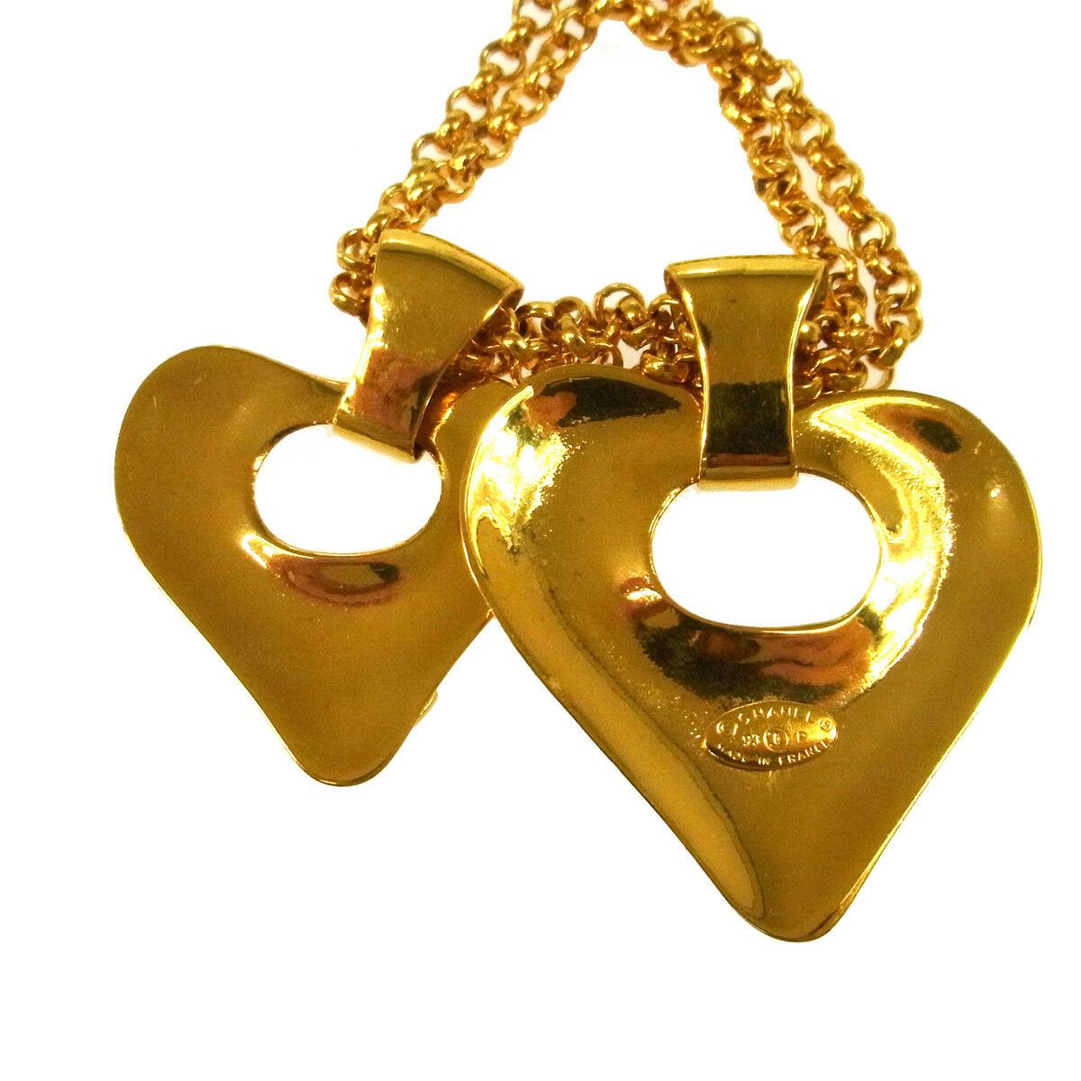 Women's Chanel Gold Double Heart Charm Logo Evening Drop Link Chain Necklace