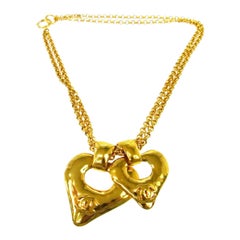 Chanel Gold Double Heart Charm Logo Evening Drop Link Chain Necklace 