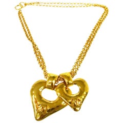 Chanel Gold Double Heart Large CC Charm Logo Evening Drop Link Chain Necklace 