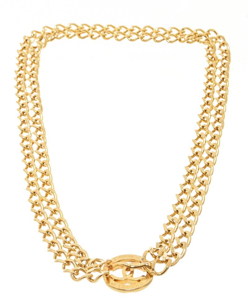 chanel gold double oval link chain 85cm necklace/belt with ridged cc logo cutout hook on closure.

53003MSC