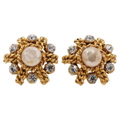 Chanel Gold Earrings With Pearl Center Stone & Side Rhinestones