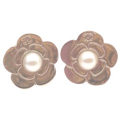Chanel Gold Embossed Camellia Pearl Piercing Earrings