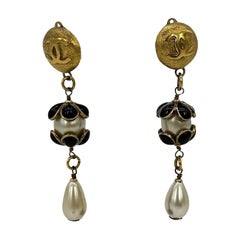Chanel Gold Enamel Pearl Teardrop Earrings, 1990s Vintage Design