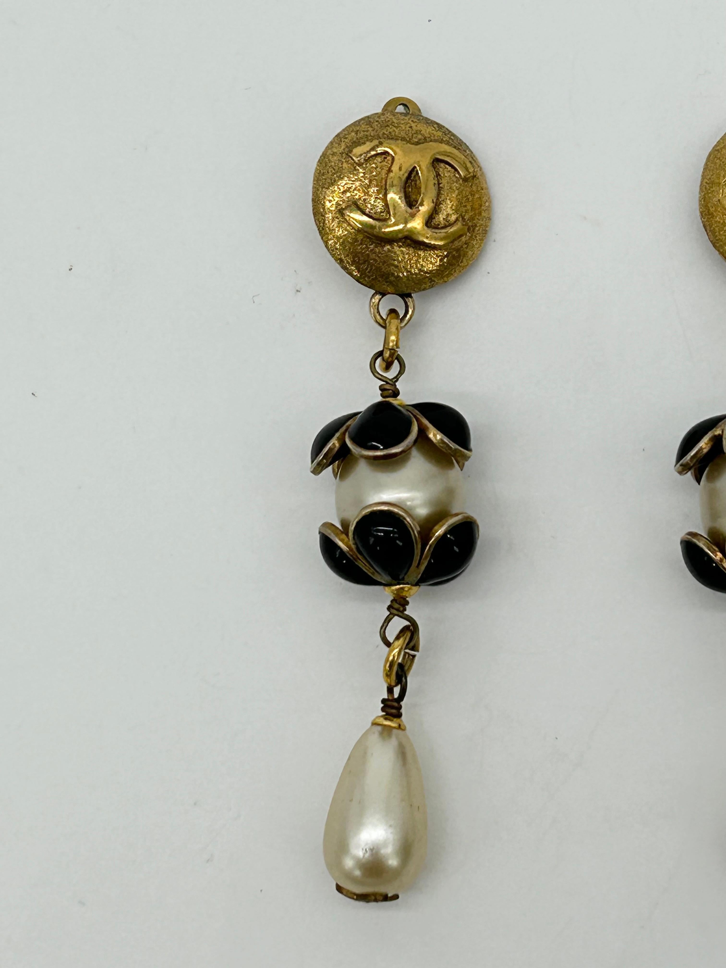 Women's Chanel Gold Enamel Pearl Teardrop Earrings For Sale