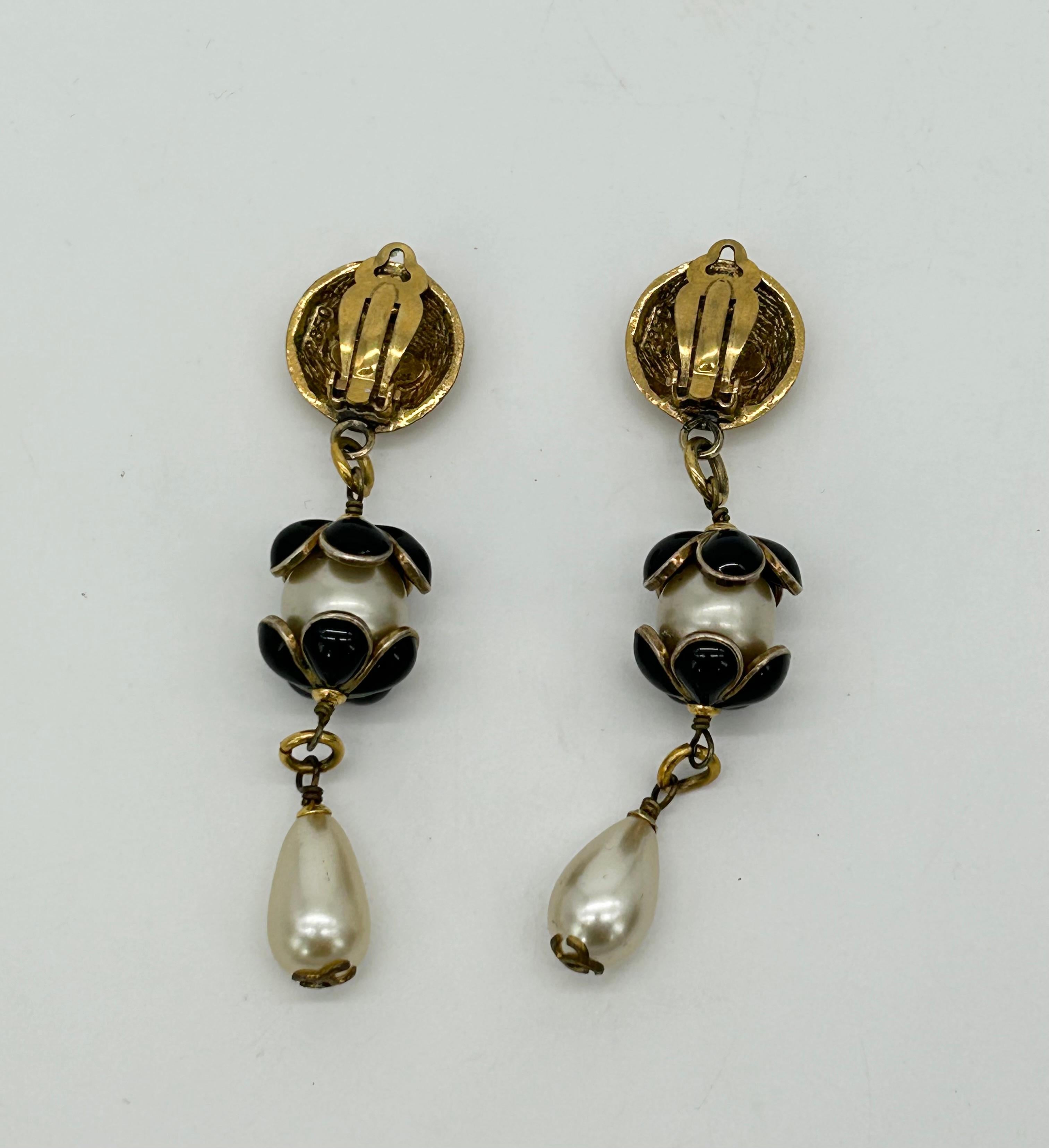 Chanel Gold Enamel Pearl Teardrop Earrings For Sale 2