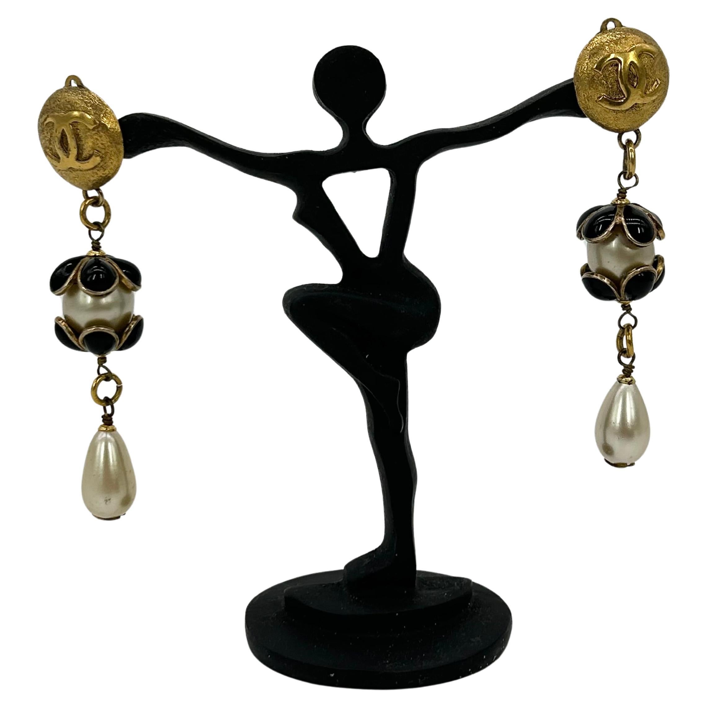 Chanel Gold Enamel Pearl Teardrop Earrings For Sale