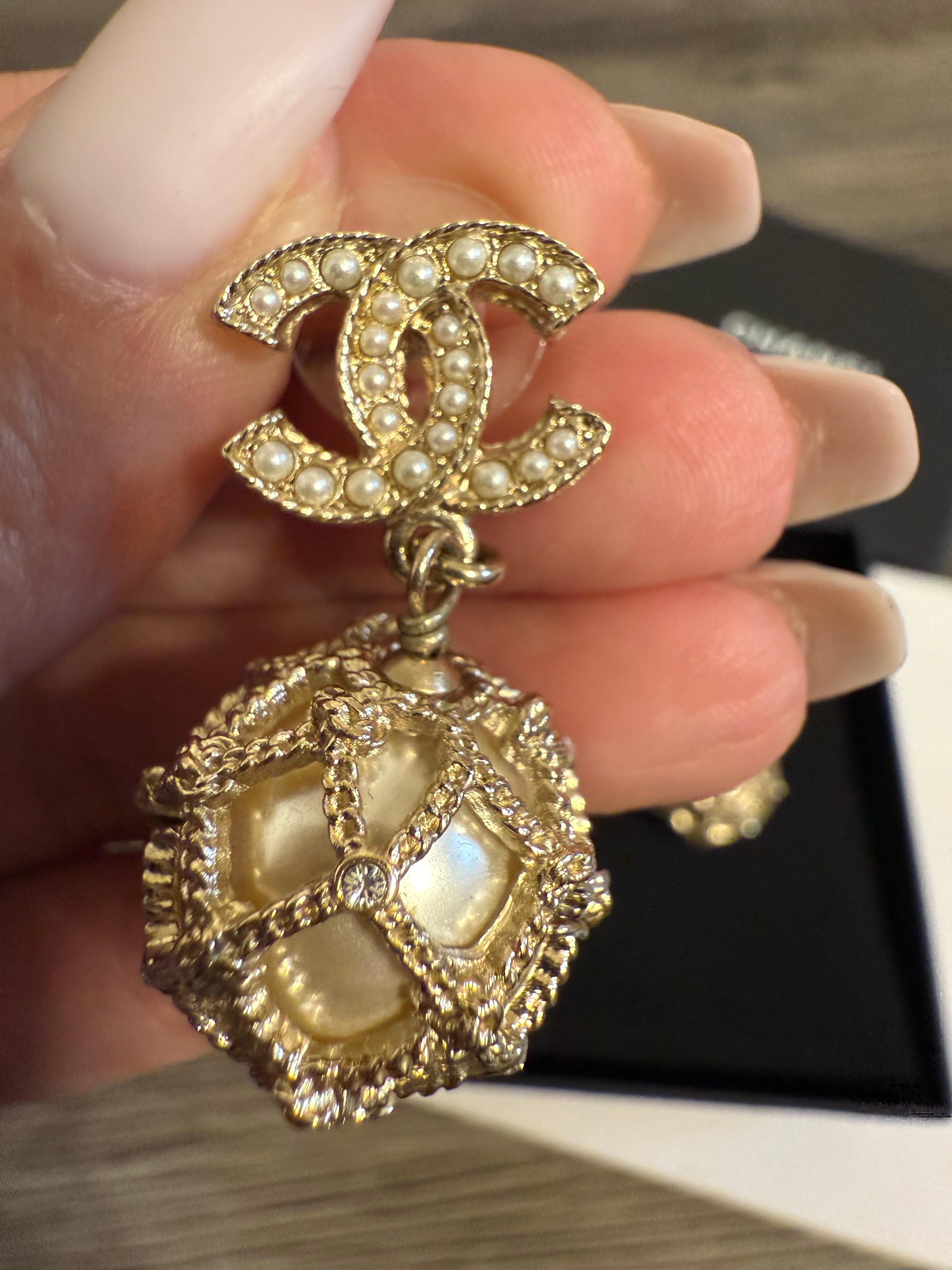 Chanel Gold Faux Pearl CC Crystal Dangle Earrings For Sale 6