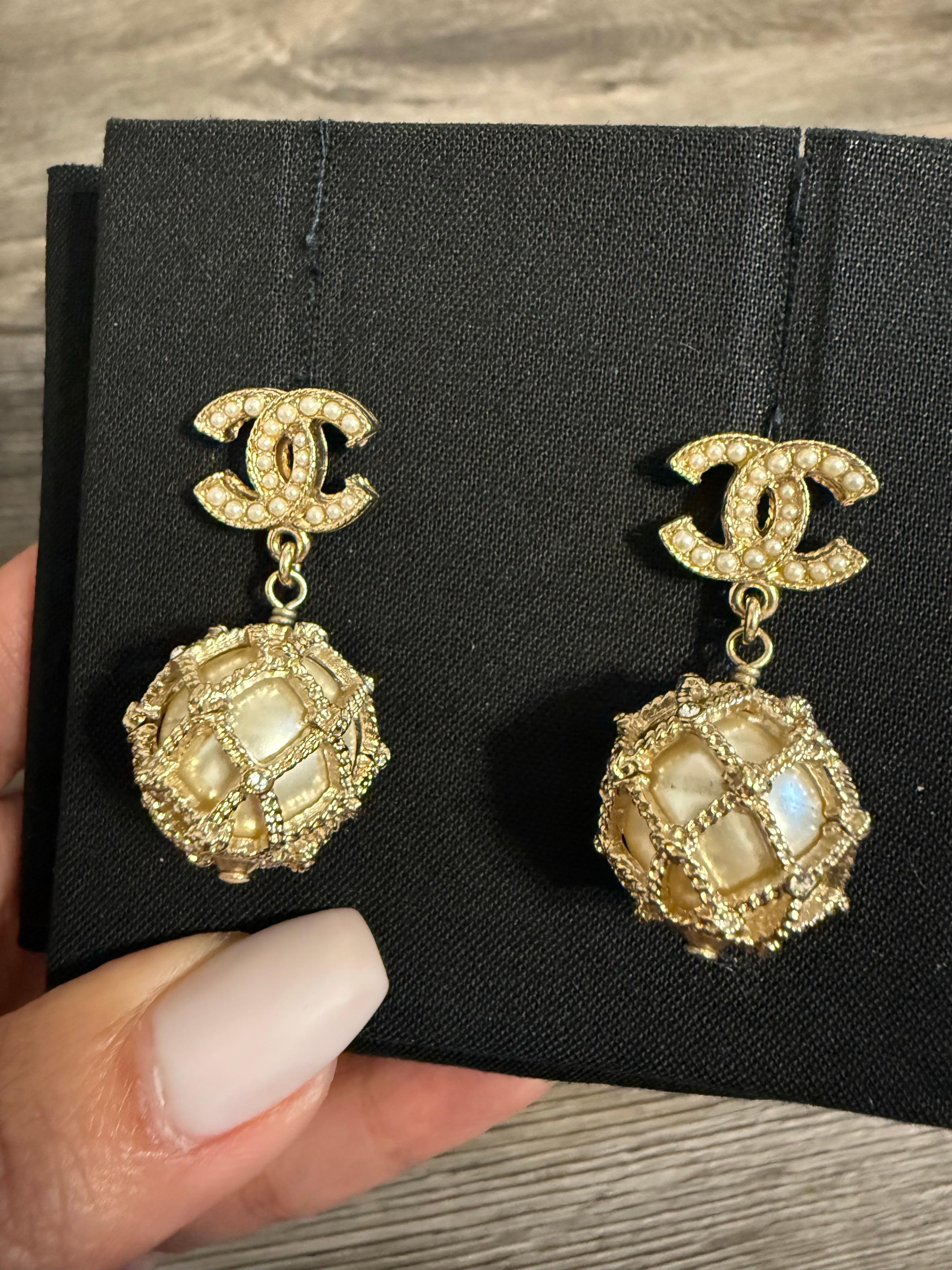 Chanel Gold Faux Pearl CC Crystal Dangle Earrings For Sale 2