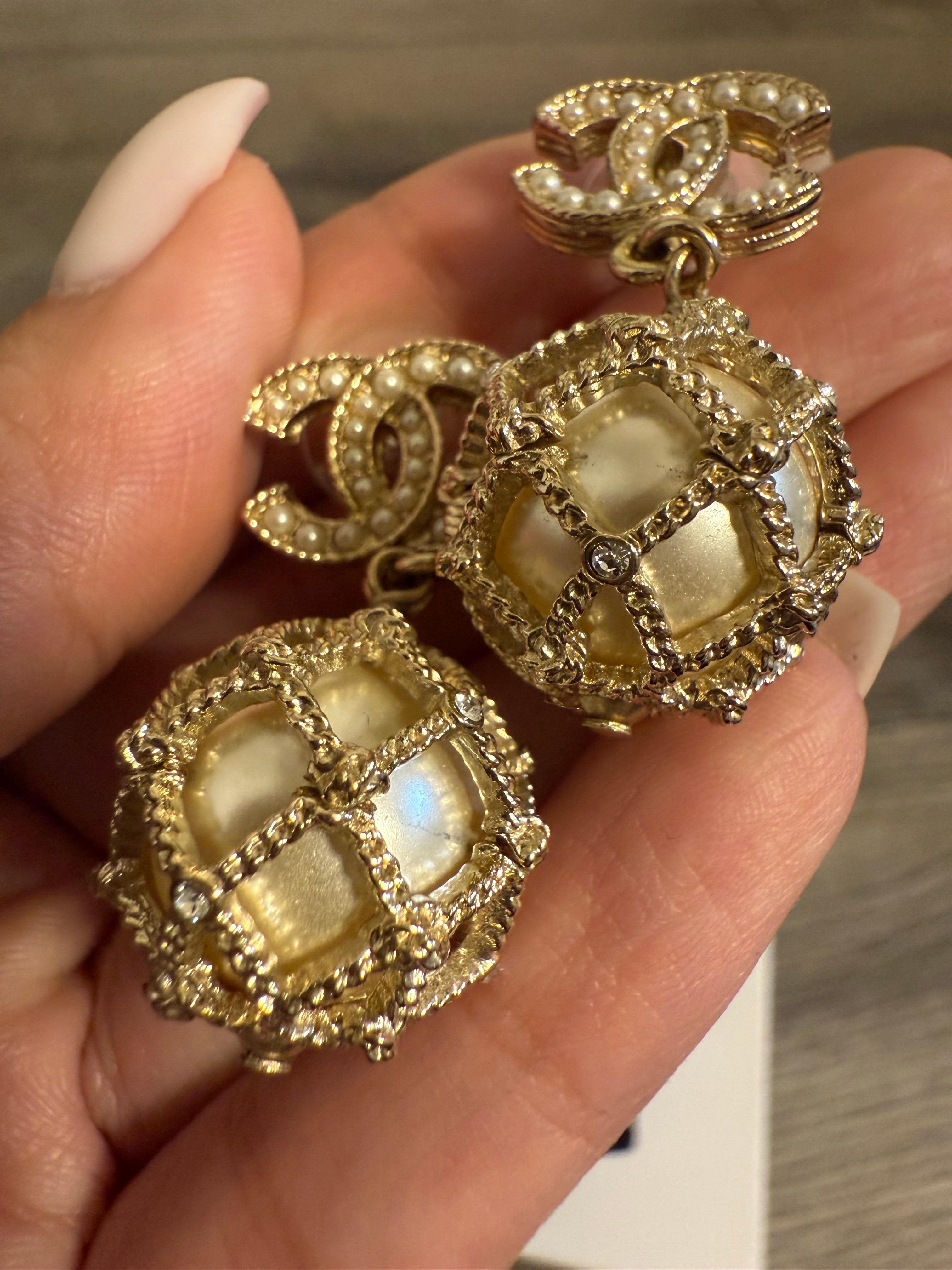 Chanel Gold Faux Pearl CC Crystal Dangle Earrings For Sale 4