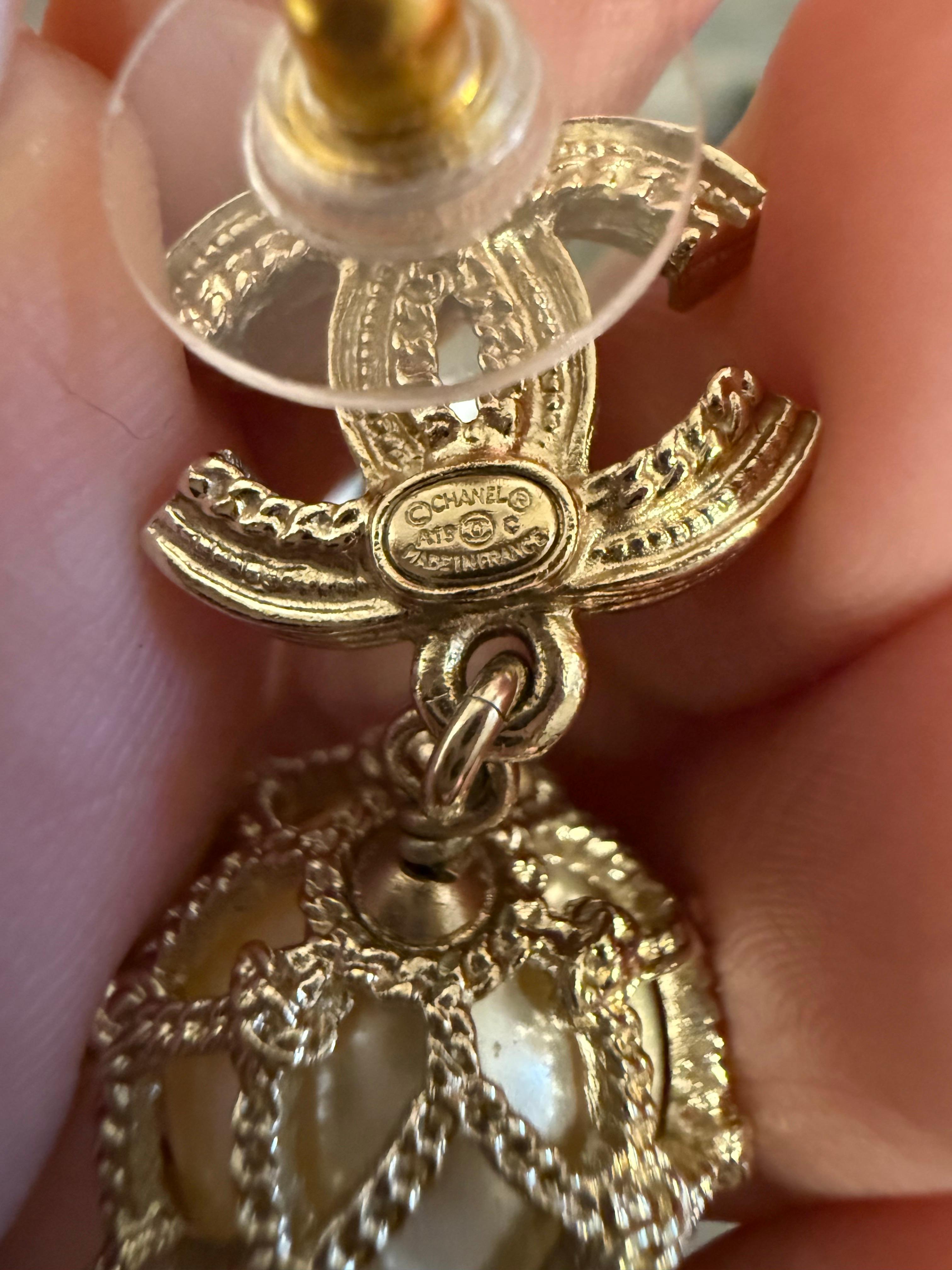 Chanel Gold Faux Pearl CC Crystal Dangle Earrings For Sale 5