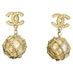 Antique Chanel Gold Faux Pearl CC Crystal Dangle Earrings