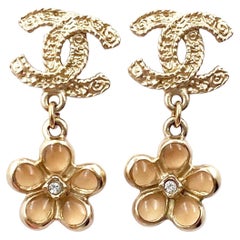 Chanel Gold Filigree CC Pink Flower Dangle Piercing Earrings  