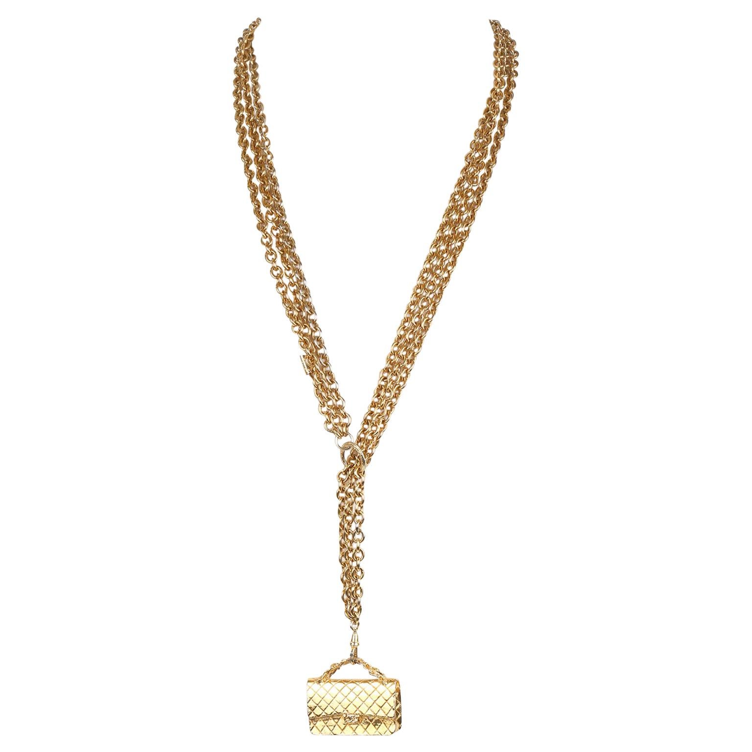 Chanel Gold Flap Bag Pendnt Triple Chain Necklace