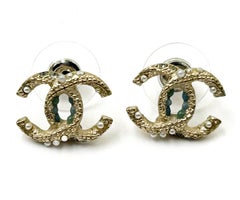 Chanel Gold Folded CC Mint Dot Seed Pearl Crystal Small Piercing Earrings