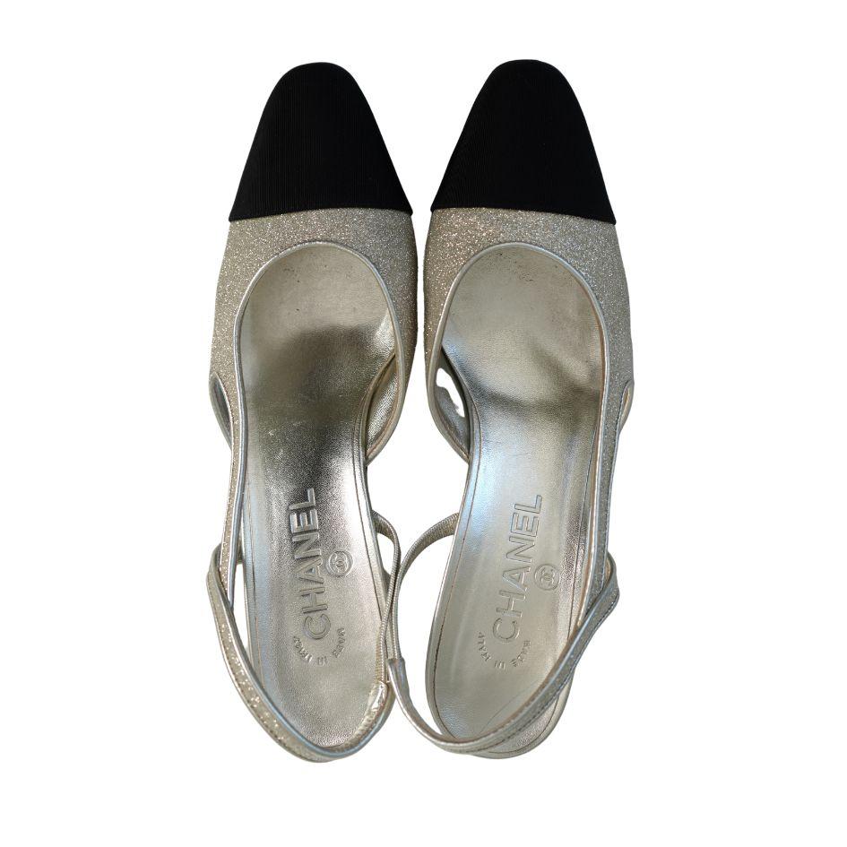Chanel Gold Glitter and Black Cap Toe Grosgrain Slingback Heels 39 5