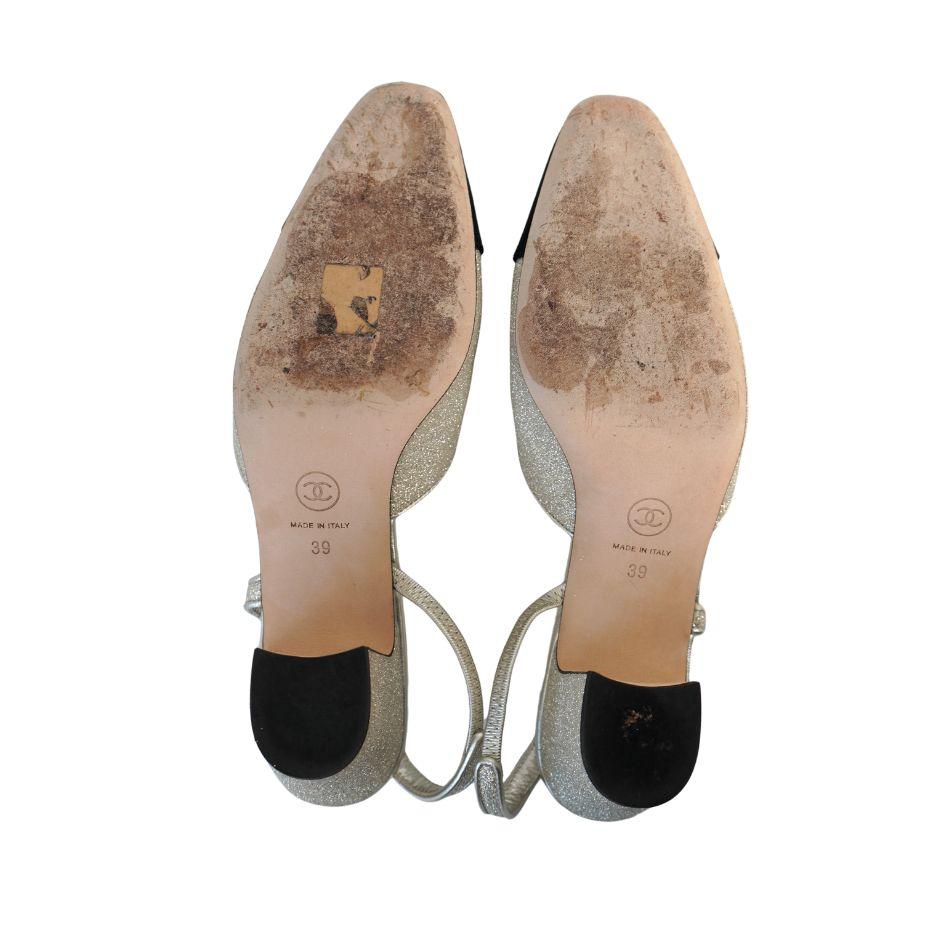 Chanel Gold Glitter and Black Cap Toe Grosgrain Slingback Heels 39 6
