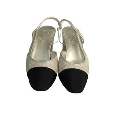 Chanel Gold Glitter and Black Cap Toe Grosgrain Slingback Heels 39