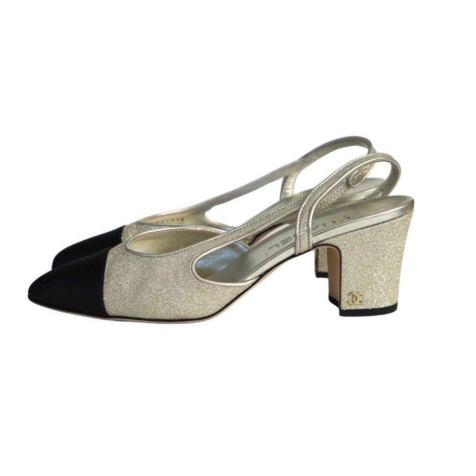 Gray Chanel Gold Glitter and Black Cap Toe Grosgrain Slingback Heels 39