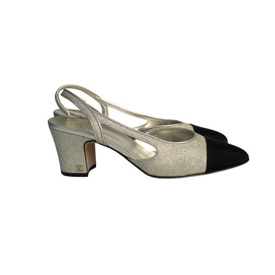 Chanel Gold Glitter and Black Cap Toe Grosgrain Slingback Heels 39 1