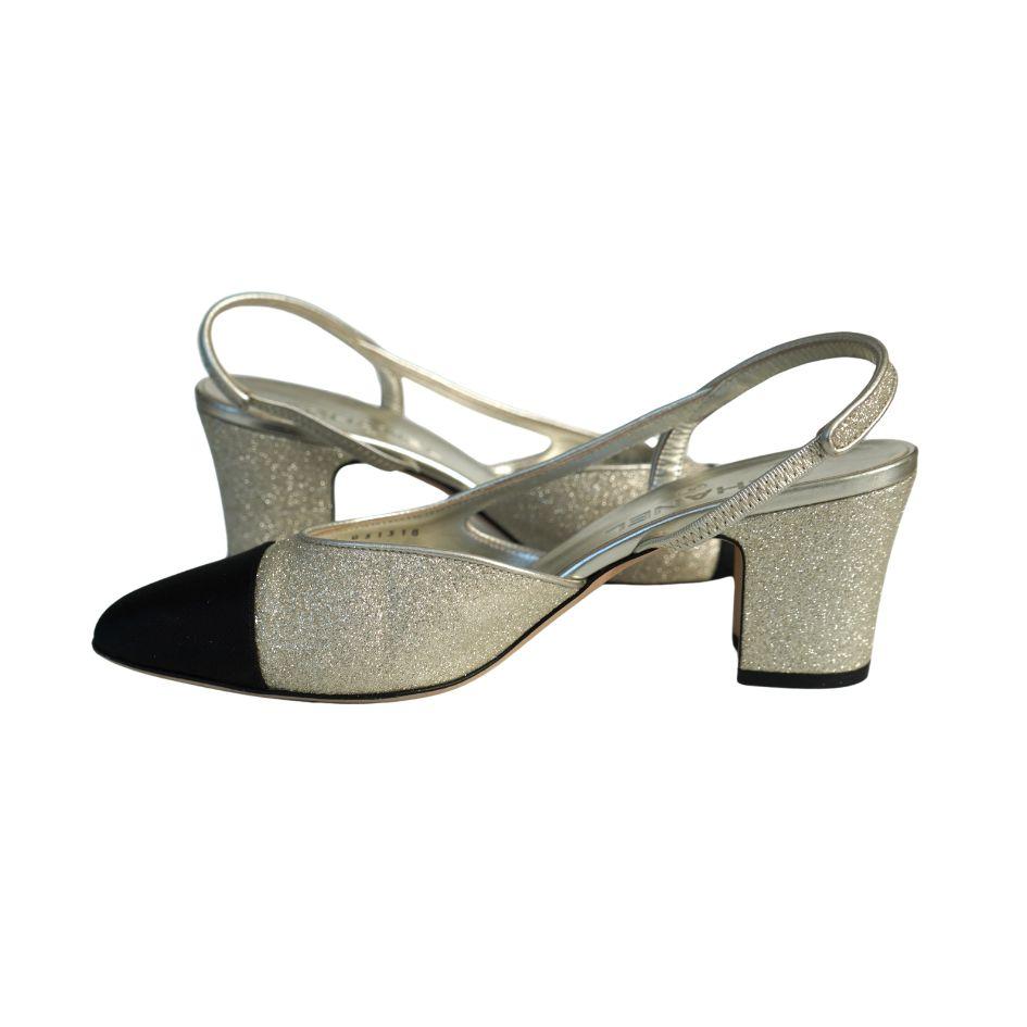 Chanel Gold Glitter and Black Cap Toe Grosgrain Slingback Heels 39 3