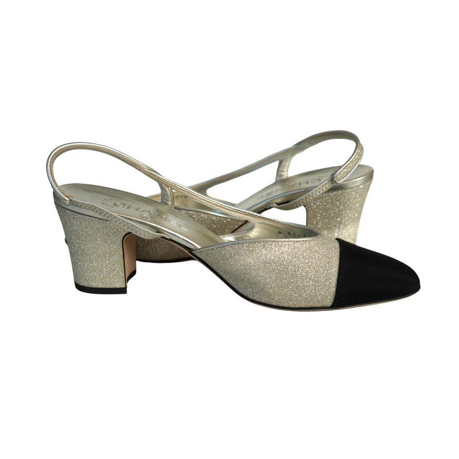 Chanel Gold Glitter and Black Cap Toe Grosgrain Slingback Heels 39 4