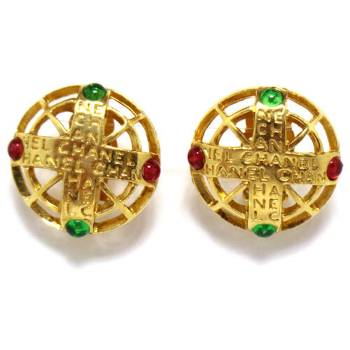 Chanel Gold Green Red Gripoix 'CHANEL' Button Evening Earrings In Good Condition In Chicago, IL