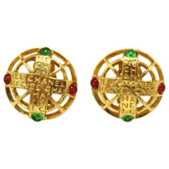 Chanel Gold Green Red Gripoix 'CHANEL' Button Evening Earrings
