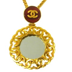 Chanel Gold Gripoix Mirror Logo Evening Pendant Charm Link Necklace in Box