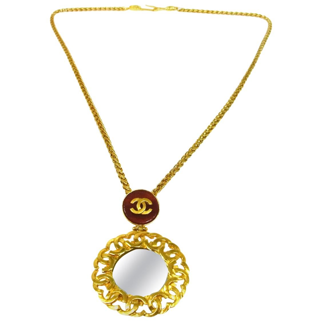Chanel Gold Gripoix Mirror Logo Evening Pendant Charm Link Necklace in Box