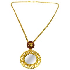 Vintage Chanel Gold Gripoix Mirror Logo Evening Pendant Charm Link Necklace in Box