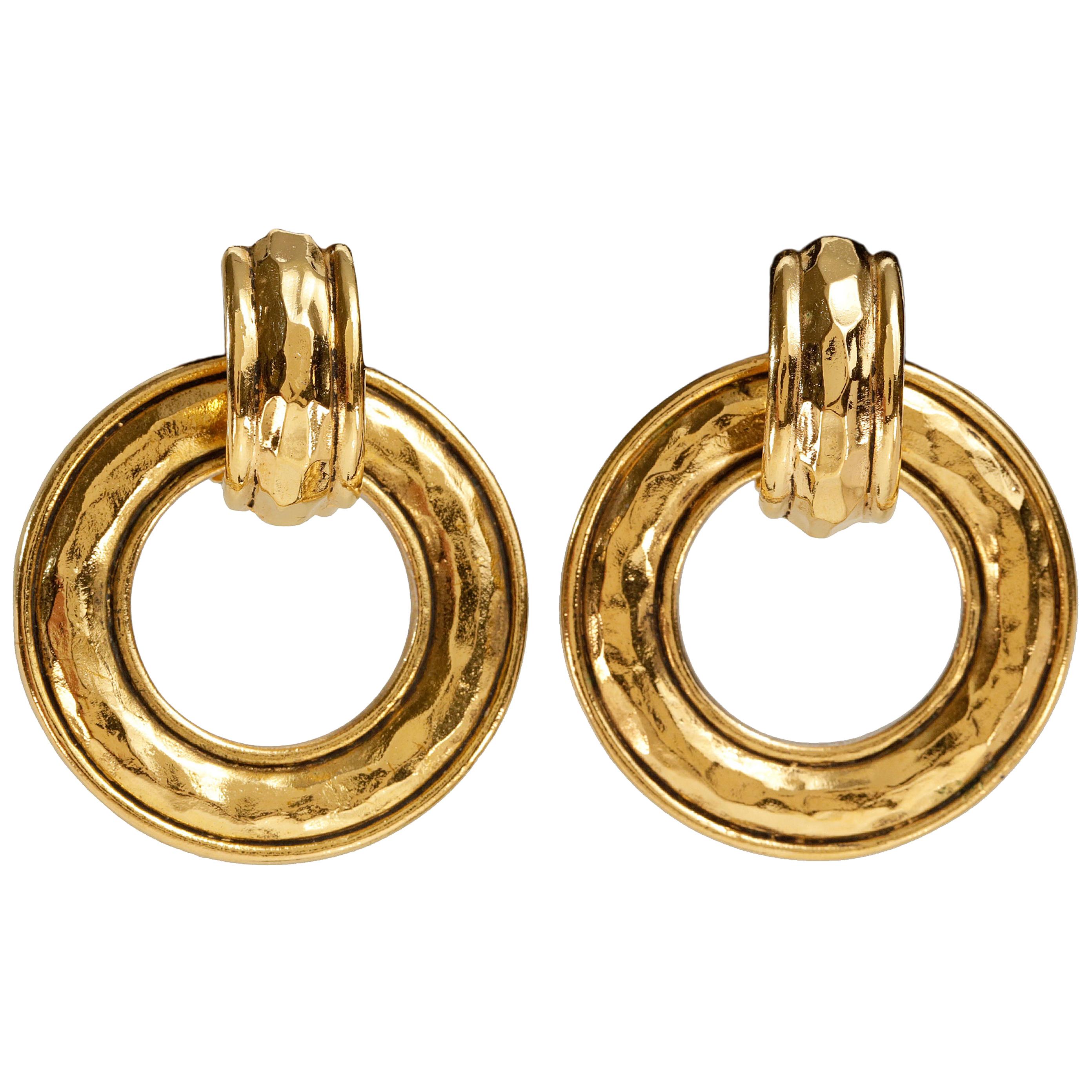 Chanel Gold Hammered Hoop Vintage Earrings
