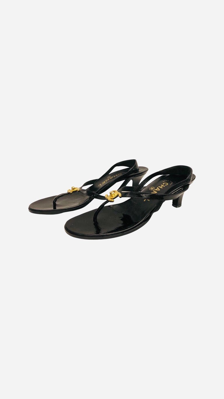 Black Chanel gold hardware CC black patent leather sandals heels  For Sale