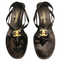 Vintage Chanel gold hardware CC black patent leather sandals heels 