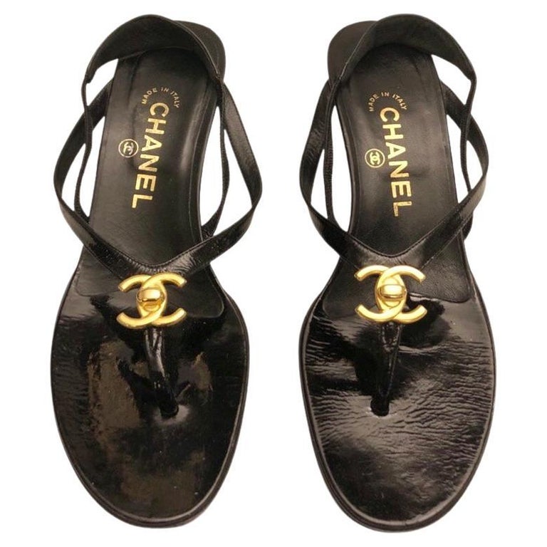 Chanel gold hardware CC black patent leather sandals heels  For Sale