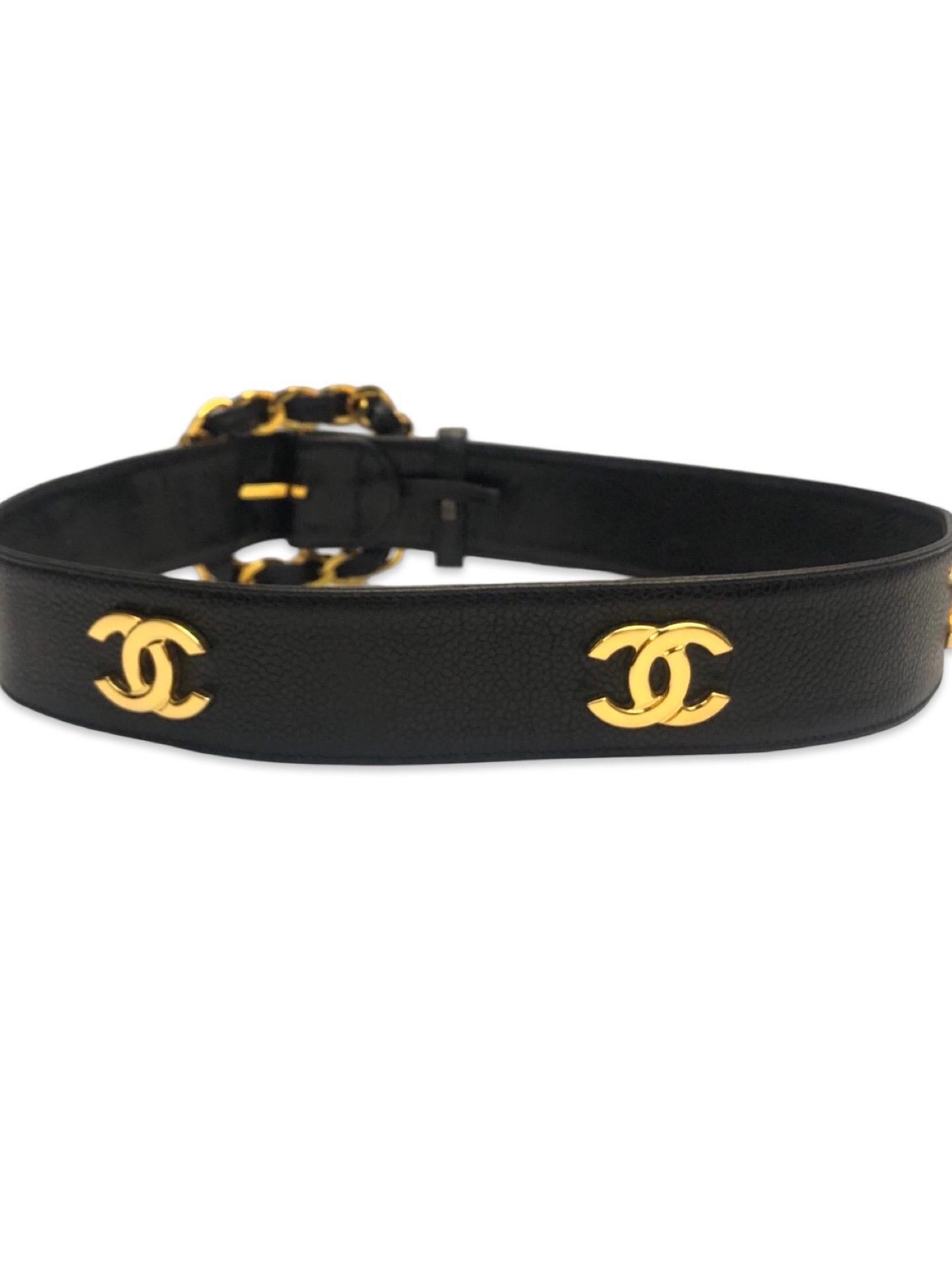 Black Chanel gold hardware chain buckle black caviar leather belt