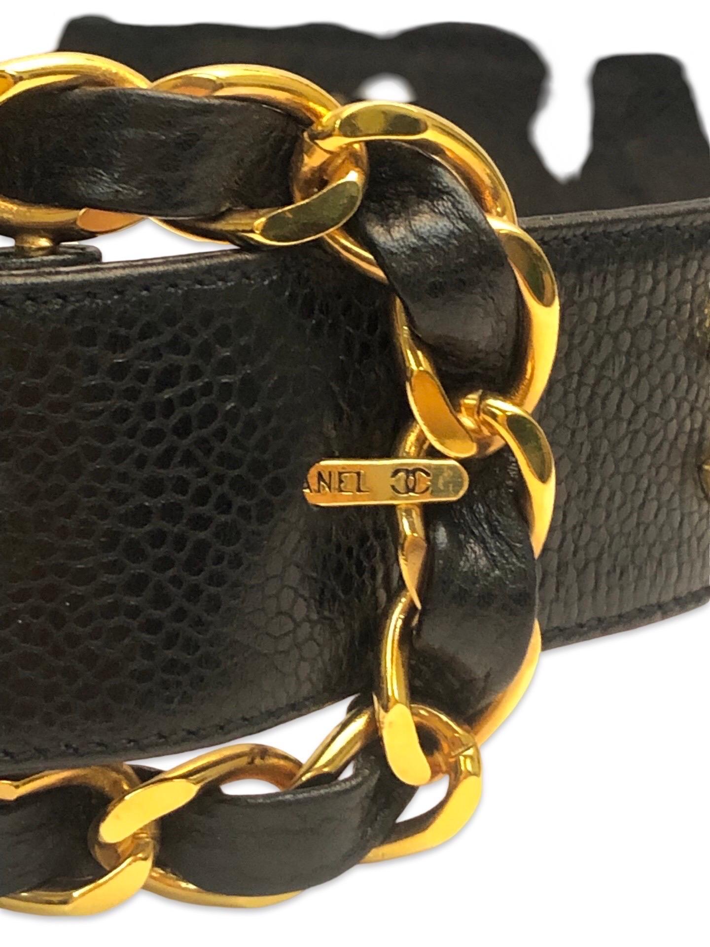 Women's or Men's Chanel gold hardware chain buckle black caviar leather belt