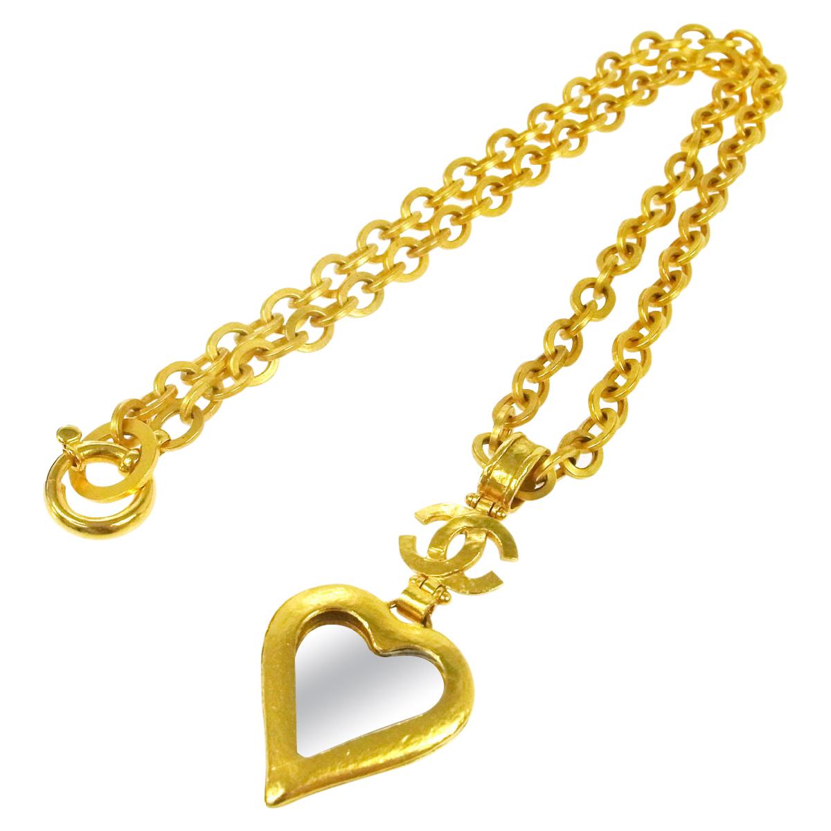 Chanel Gold Heart Mirror Detail Evening Pendant Charm Long Link Necklace in Box