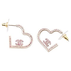Chanel Gold Heart Pink Crystal Piercing Earrings  
