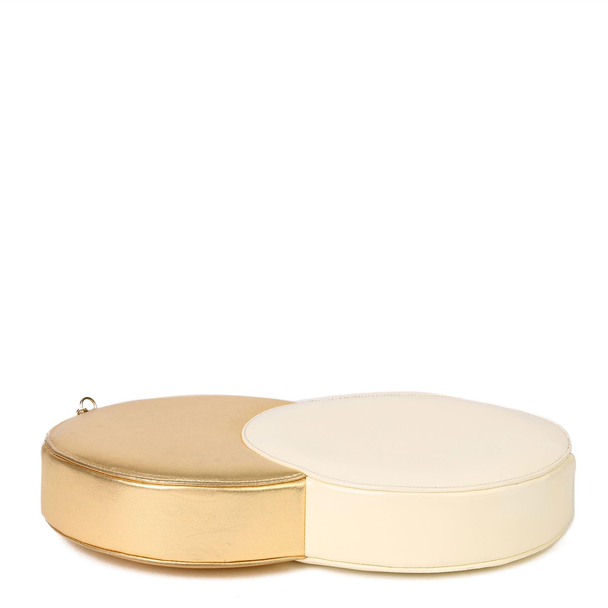 Chanel Gold Lambskin & Beige Patent Leather Double Circle Clutch im Angebot 5